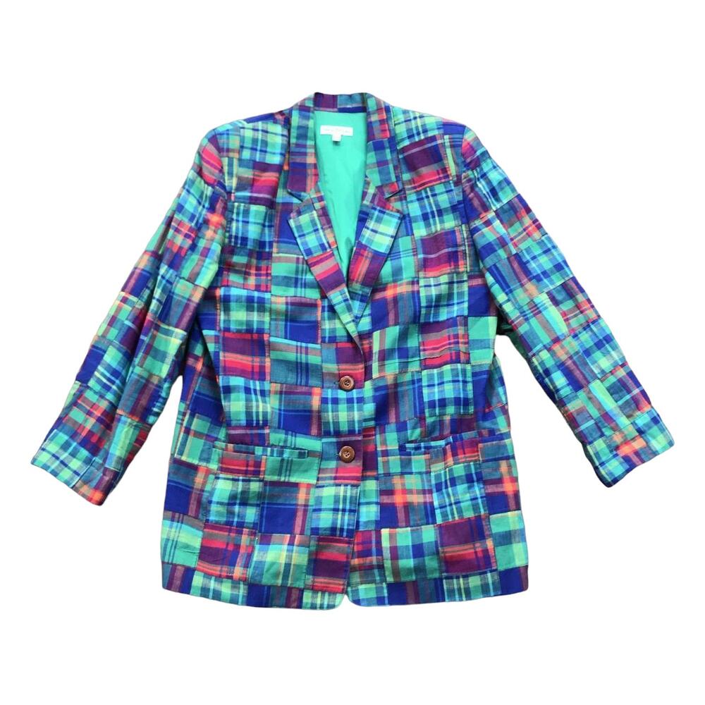 1990s VTG David Brooks Multicolor Plaid Patchwork Cotton Oversize Blazer Size 10